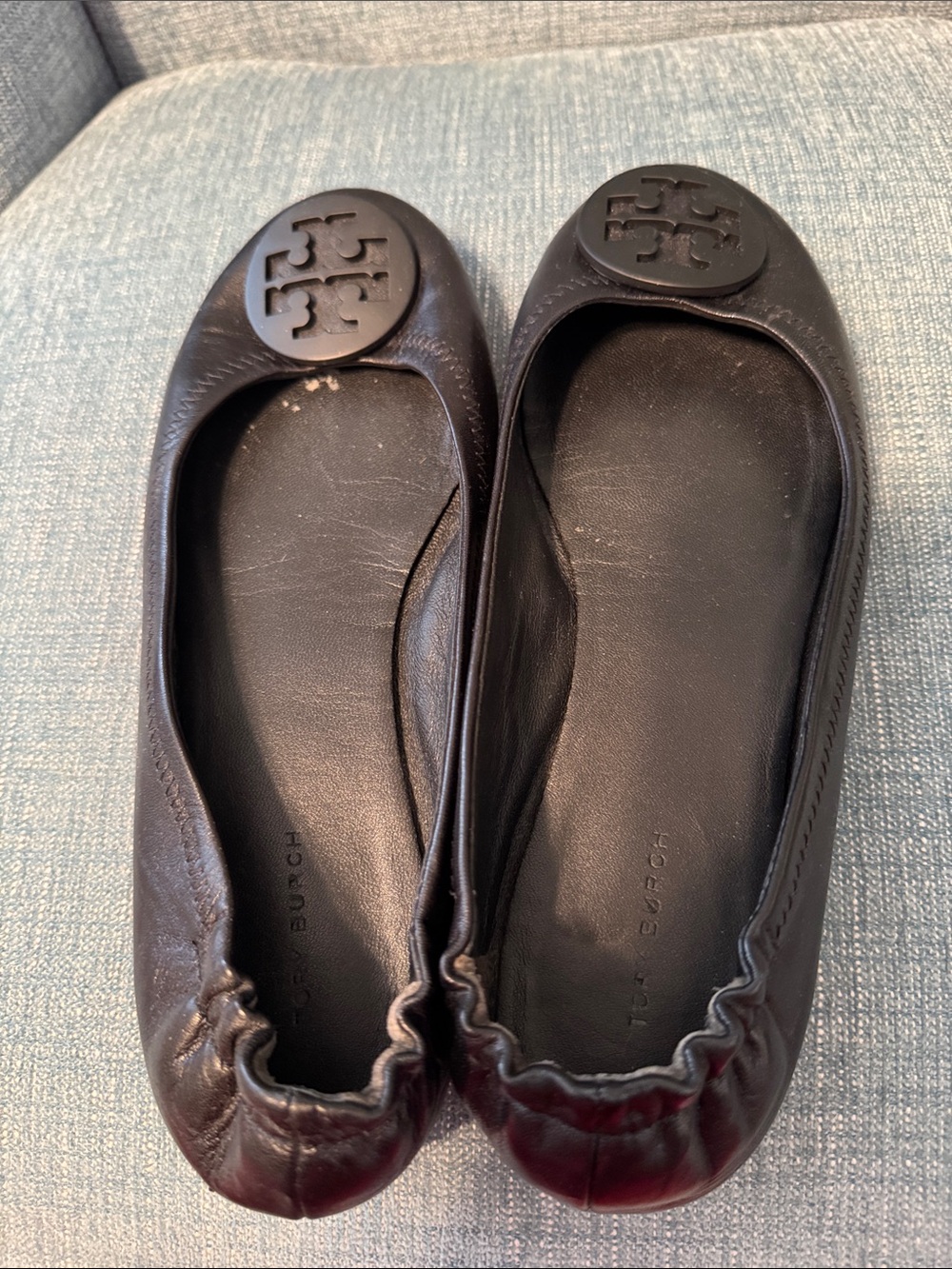 Tory Burch Black Leather Logo Round-Toe Ballet Flats